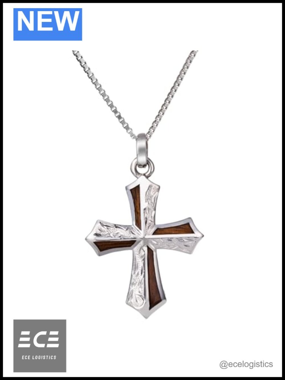 Sterling Silver Koa Wood Inlay Cross Necklace 18" Box Chain